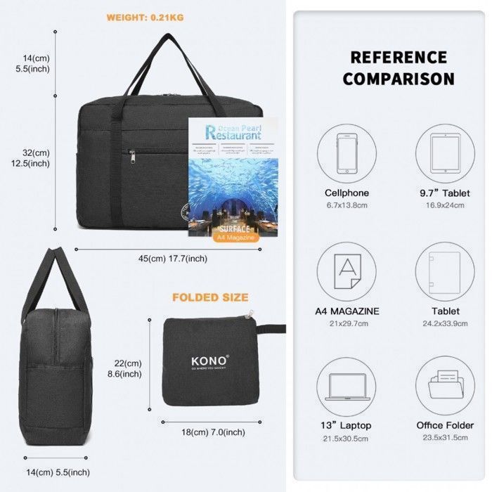 Bolsa de viaje plegable Kono, 45x32x14cm, bolsa deportiva plegable grande con múltiples bolsillos, impermeable y resistente al desgaste, color negro.