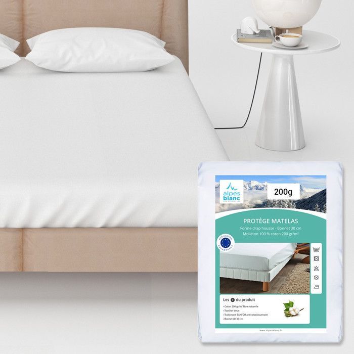 ALPES BLANC - Protège-Matelas 100% Coton 200 g/m² 1440x190 cm – Grands Bonnets pour Maintien Parfait, Protection et Confort Durable
