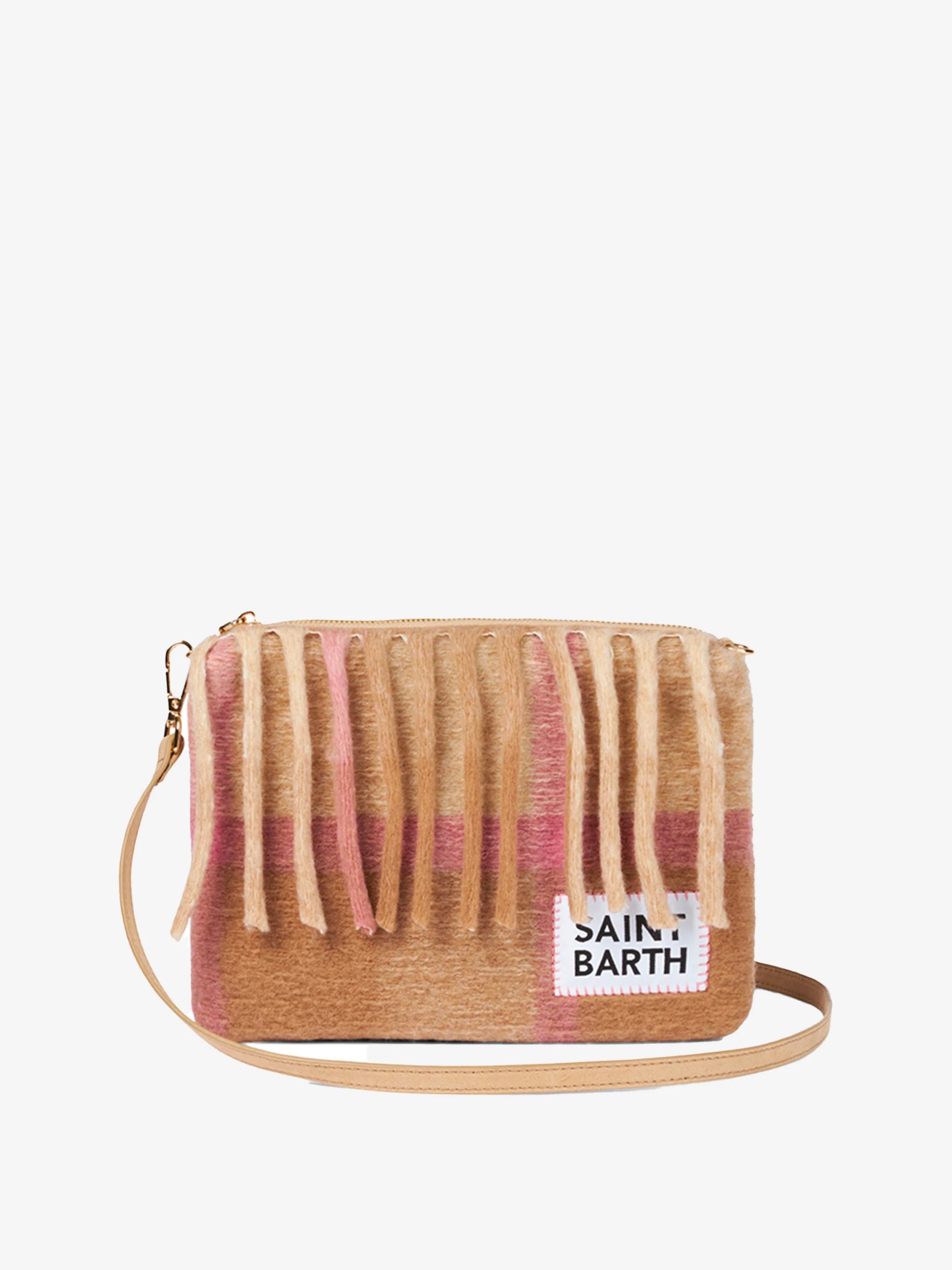 Parisienne Crossbody Pouch Bag with Detachable Handle and Shoulder Strap, Fringes on Top, Beige and Pink Tartan Pattern | MC2 Saint Barth