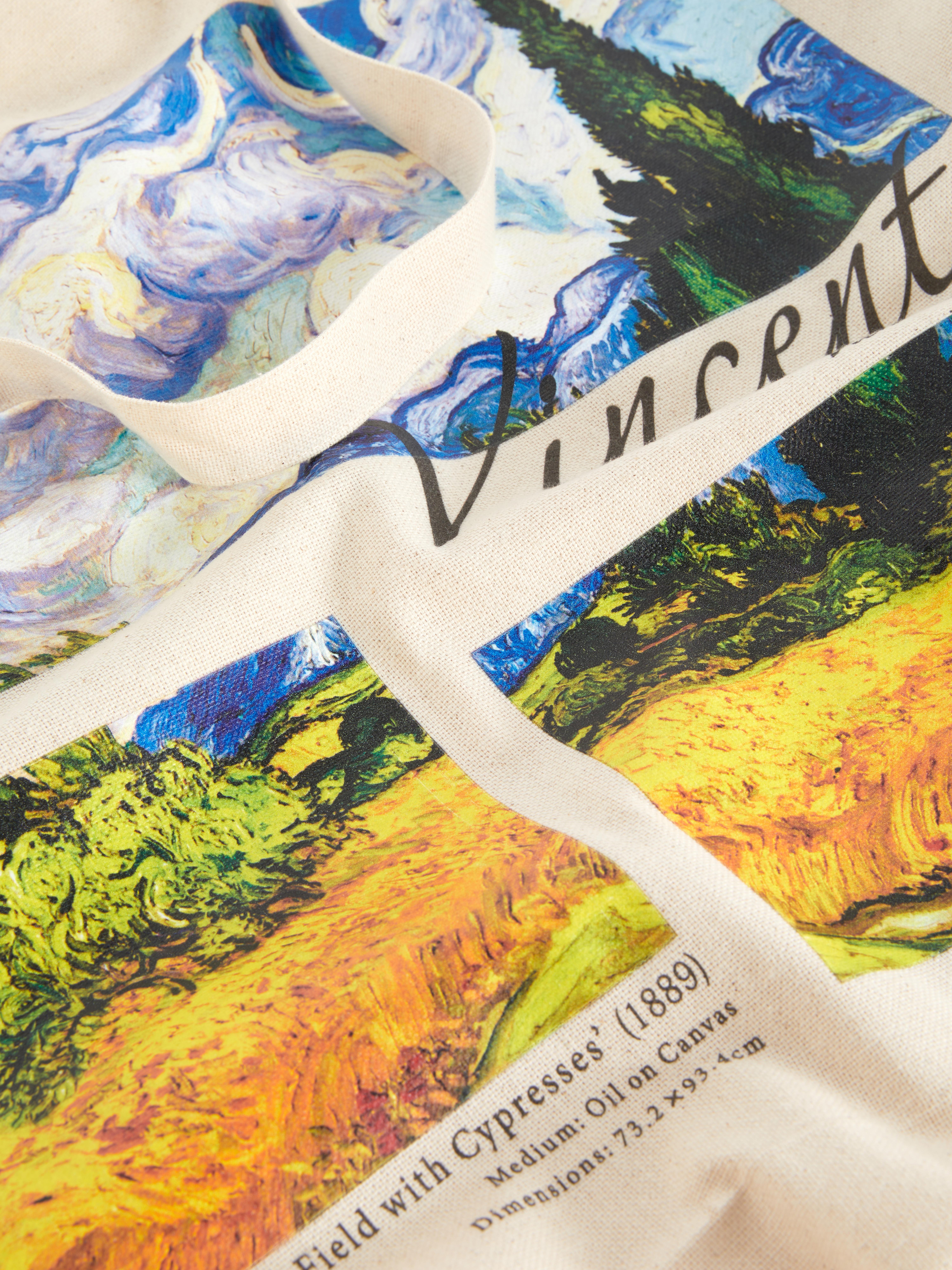 Geantă tote XL Vincent van Gogh O geantă Van Gogh din pânză cu pictura „Câmp de grâu cu chiparoși”