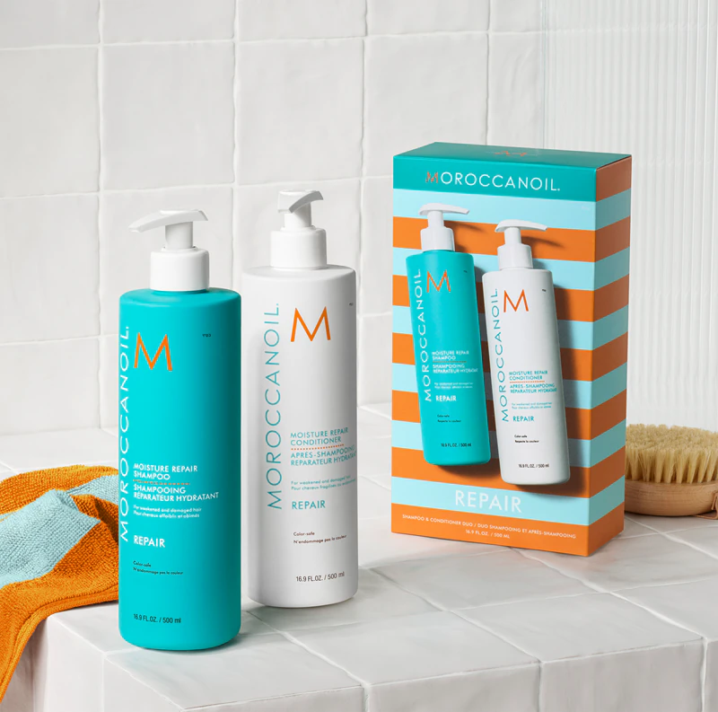 Kit Reparador Moroccanoil com Shampoo e Condicionador para Cabelos Quimicamente Danificados