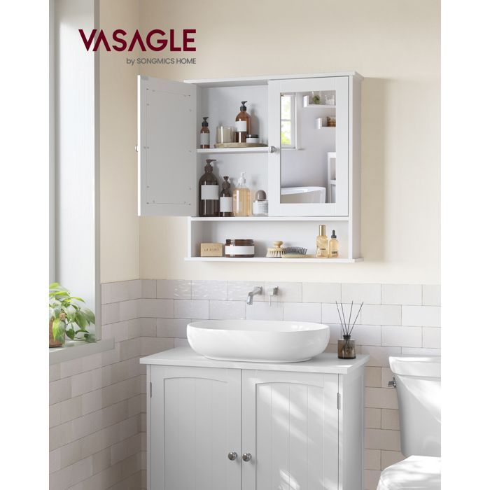 Mobiletto da bagno a parete con 2 ante e specchio - VASAGLE - Bianco - 56 x 13 x 58 cm