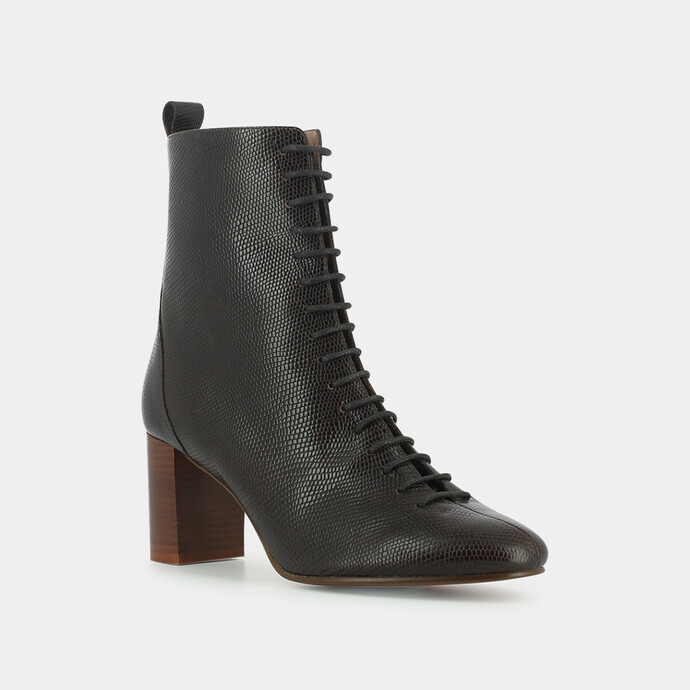 Bottines à talon et à lacets  en lézard marron