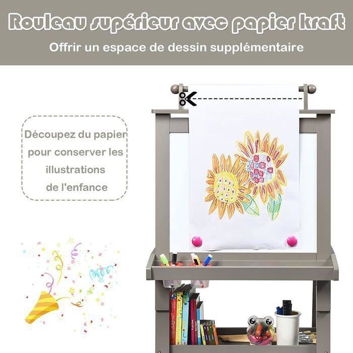 Tableau Enfant COSTWAY  Blanc Magnétique et Noir, Rouleau de Papier (Papier inclus), 3 Etagères et 2 Bac de Rangement Gris