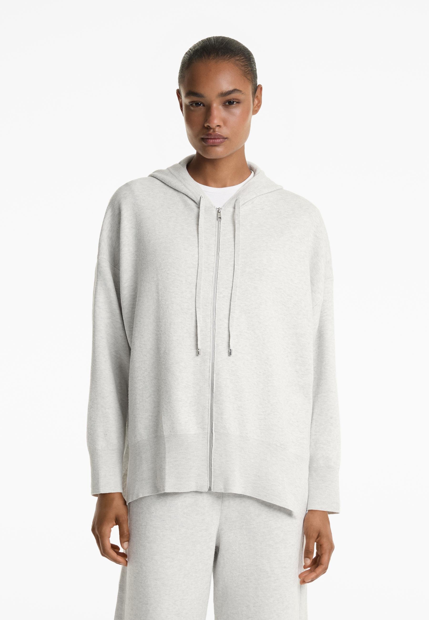 OYSHO HOODED LONG KNIT - Kardigan - melírovaná světle šedá