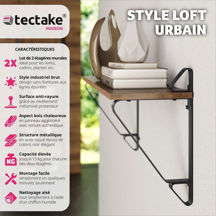Wall shelf - TECTAKE - Set of 2 IRVINE hanging shelves in chipboard - Dark wood