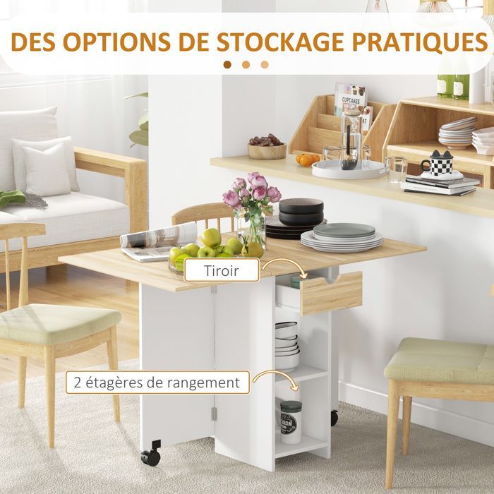 Folding dining table, extendable kitchen table for 2 to 4 people, 2 drop leaves, 120 x 72 x 75 cm, oak