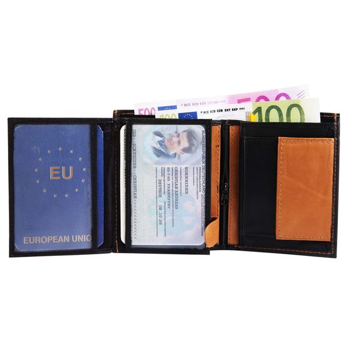 Carteira masculina - Sedat - Couro de ovelha preto/marrom - Formato vertical compacto - 8 compartimentos para cartões