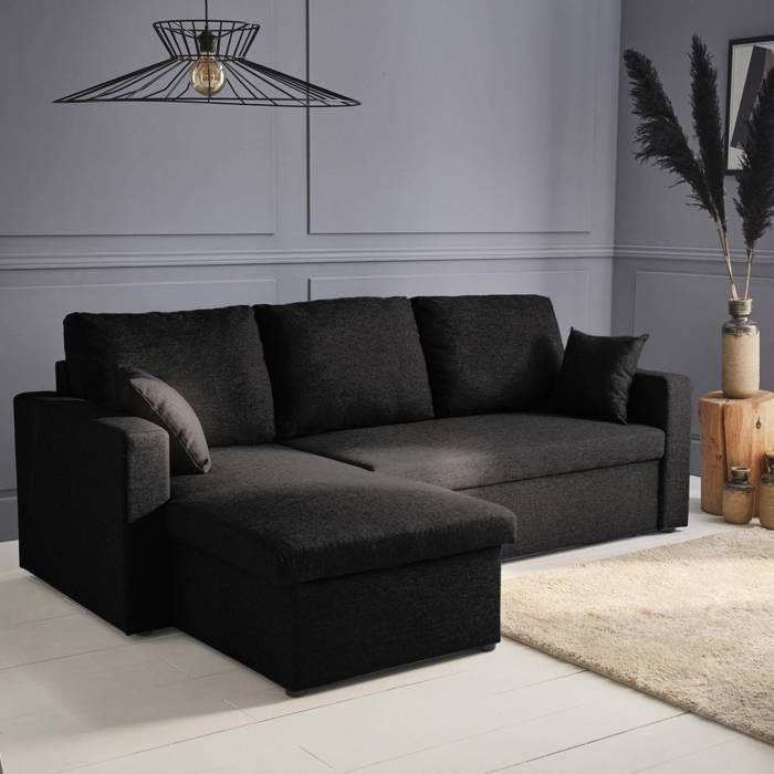 Ecksofa in schwarzem Stoff – IDA – 3-Sitzer. Wendbarer Ecksessel mit Staufach und modularem Bett.