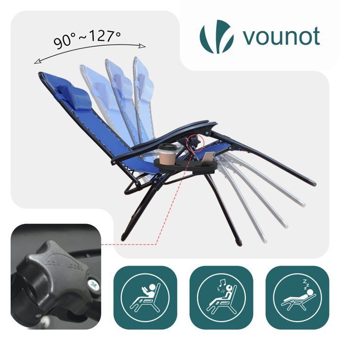 Juego de 2 sillones reclinables plegables VOUNOT® de textilene con portavasos - Carga máxima 120 kg - Azul