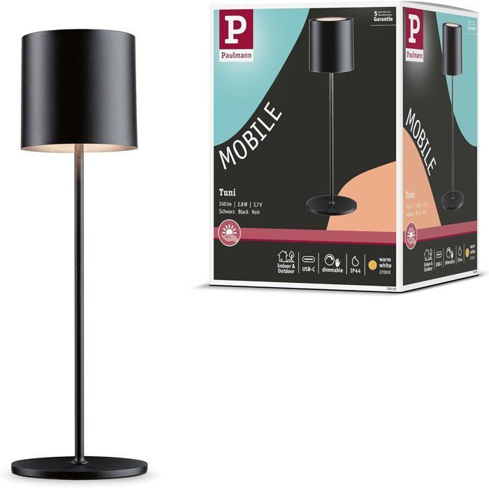 Lampe à poser - Paulmann Tuni - LED rechargeable - IP44 - Noir mat - 2,8W