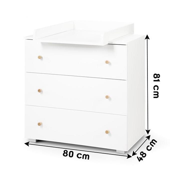 Commode à 3 tiroirs en bois avec plan de change - Blanc - L 80 x l 81 x P 48 cm - Collection Karolina
