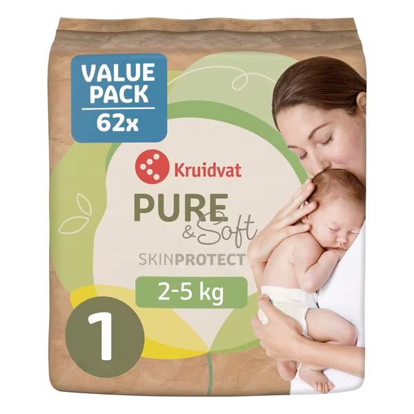 „Kruidvat Pure & Soft“ naujagimio sauskelnės, 1 dydžio, ekonominės klasės pakuotė<br>1 dydis (2–5 kg), 62 vnt.