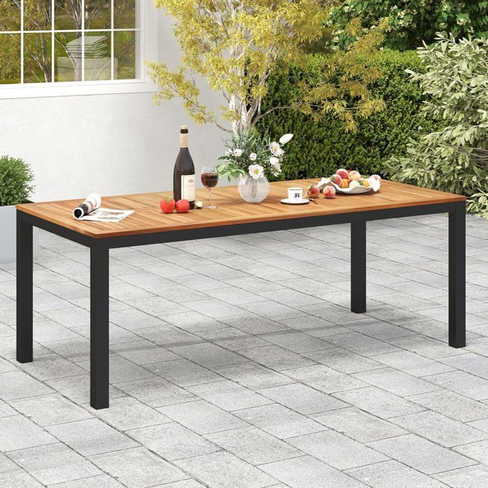 GOPLUS Garden Dining Table - 8 Person Seats - 200x90CM Tabletop with Parasol Hole in Acacia Wood - 75KG Load Capacity - Straight Legs