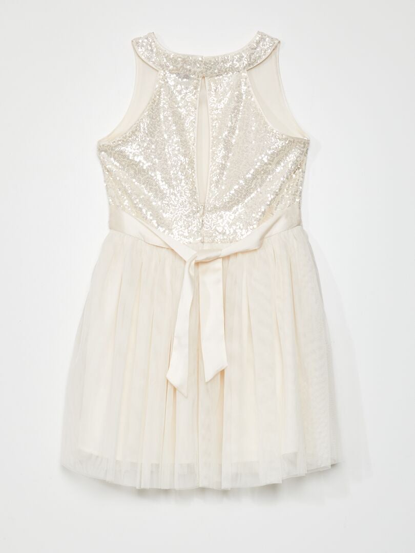 Mouwloze jurk van pailletten en tule - BEIGE