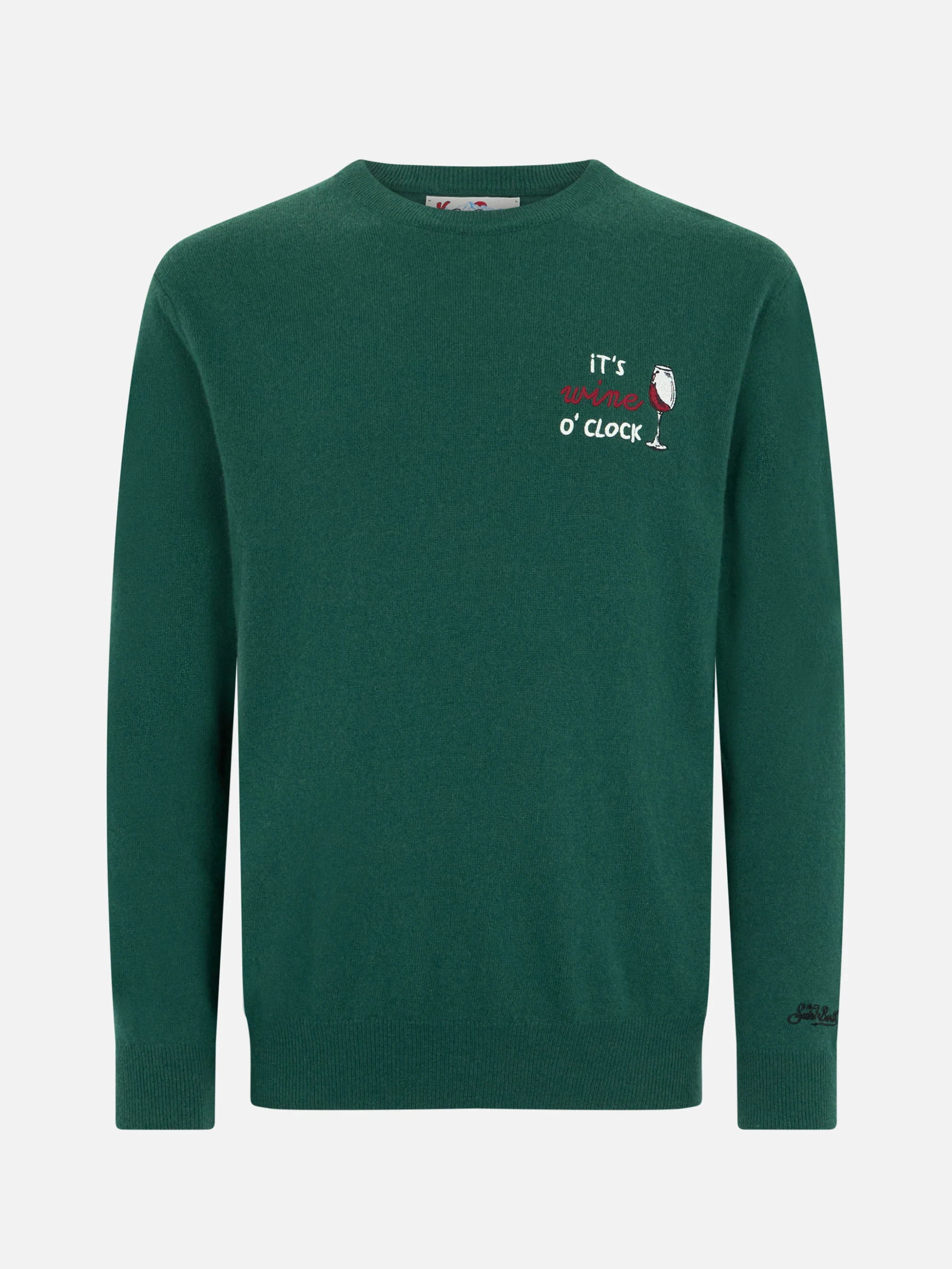 Heron Men's Green Crew-Neck Sweater | 'It's Wine O'Clock' Embroidery | Ribbed Collar, Cuffs, and Hem, Logo Embroidery, Regular Fit | MC2 Saint Barth