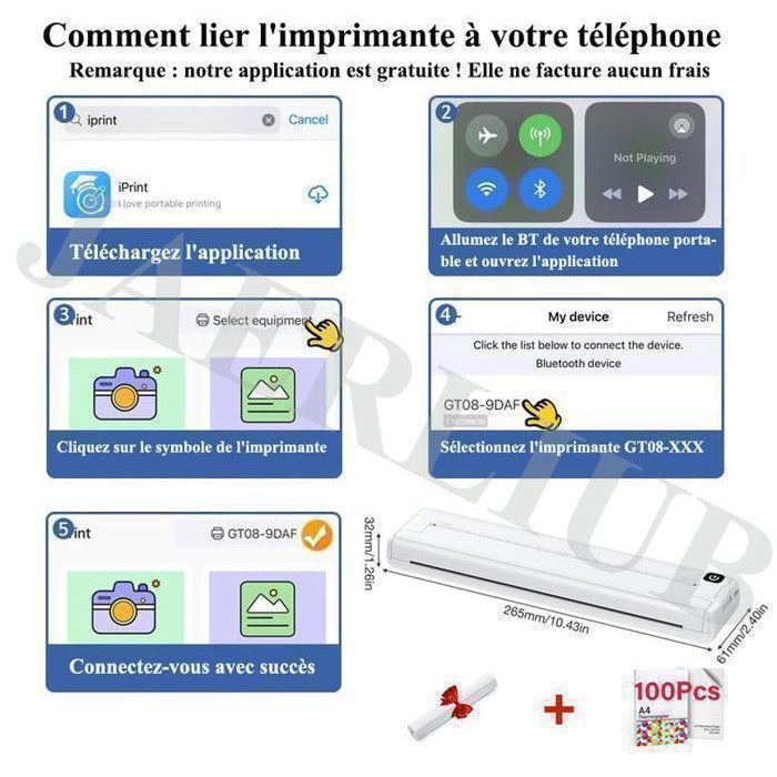 Imprimante Thermique avec Papier 100Pcs A4 210 x 297 mm, Imprimante Bluetooth, Compatible avec Android et iOS Imprimante Portable
