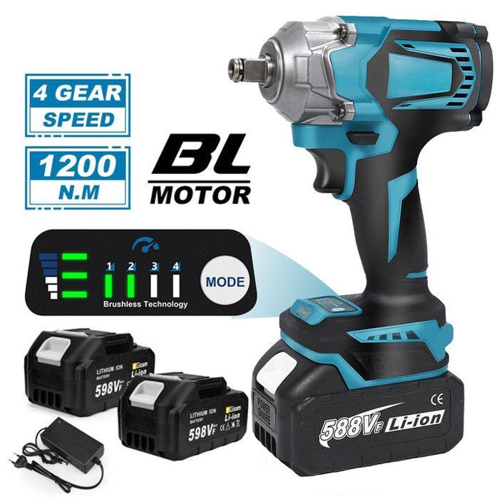 Avvitatore a impulsi elettrico a batteria da 1200 N.M., 1/2 pollice - Senza spazzole - Con 2 batterie da 3,0 Ah - 6700 giri/min/7200 ipm - 8 impostazioni di velocità