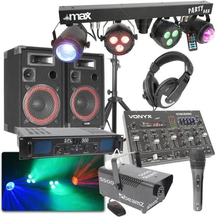 Pacchetto DJ - SKYTEC - Altoparlante da 500W - Amplificatore 2x250W - Macchina del fumo - Mixer a 8 canali