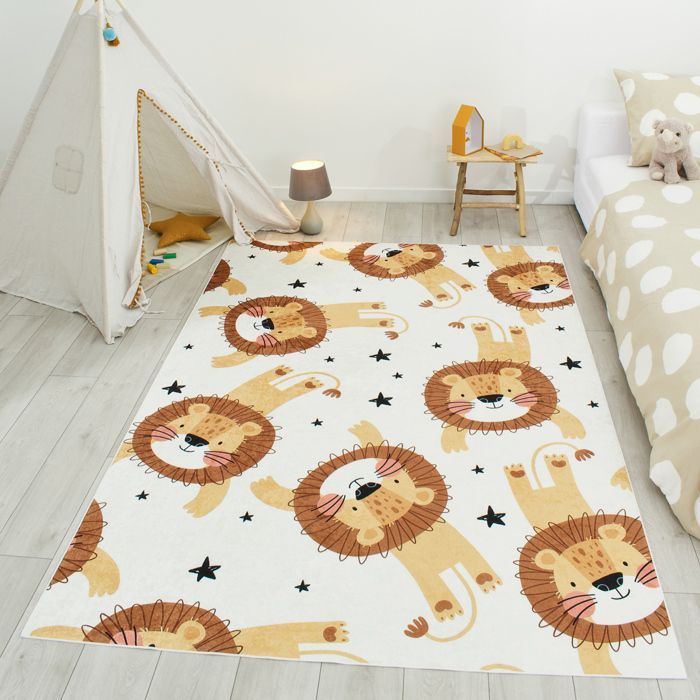 Tappeto gioco per bambini - NAZAR RUGS - HAPPY - Lavabile - Design con leone - Beige - 120x160 cm