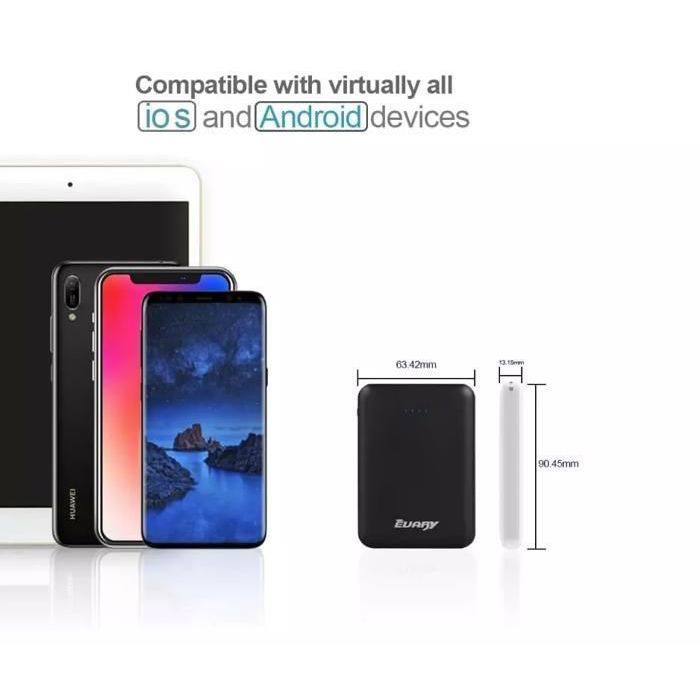 Batería externa de 5000 mAh con carga rápida y 2 puertos USB, color blanco.