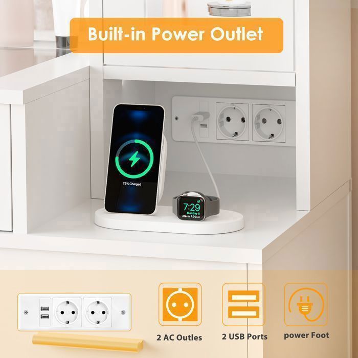 BEWISHOME Coiffeuse Grande avec Miroir LED et Prise, Plateau et Portes Verre, Port de Charge USB, 5 Tiroirs de Rangement, 2 Portes