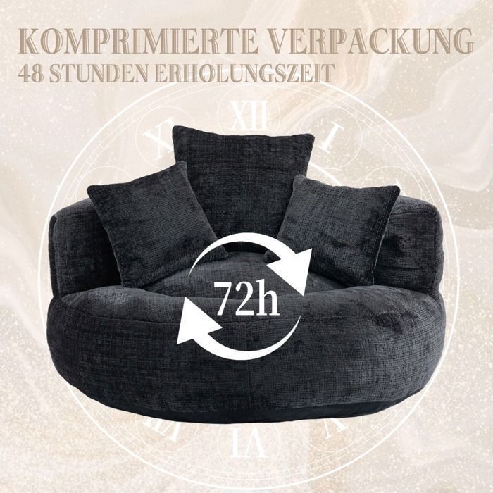LEMONBEST Poltrona a sacco a 2 posti in ciniglia nera, 108×108×52 cm con 3 cuscini - Poltrona relax