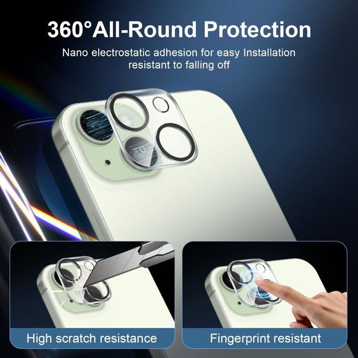 Kit de 6 piezas: 3 protectores de pantalla de vidrio templado para iPhone 15 Plus (6,7 pulgadas) y 3 protectores de cámara trasera - Kit de herramientas de fácil instalación.