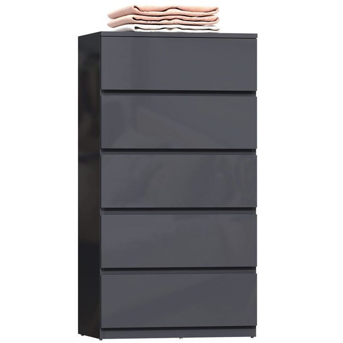 Cómoda de 5 cajones - HOMCOM - alto brillo - cierre suave y silencioso - tablero de partículas - 53 x 34 x 100 cm - gris