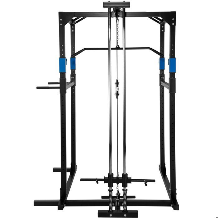 Entrenamiento con pesas - TECTAKE - Jaula de levantamiento de pesas con sistema de poleas, barras de acero superior e inferior - Negro/Azul