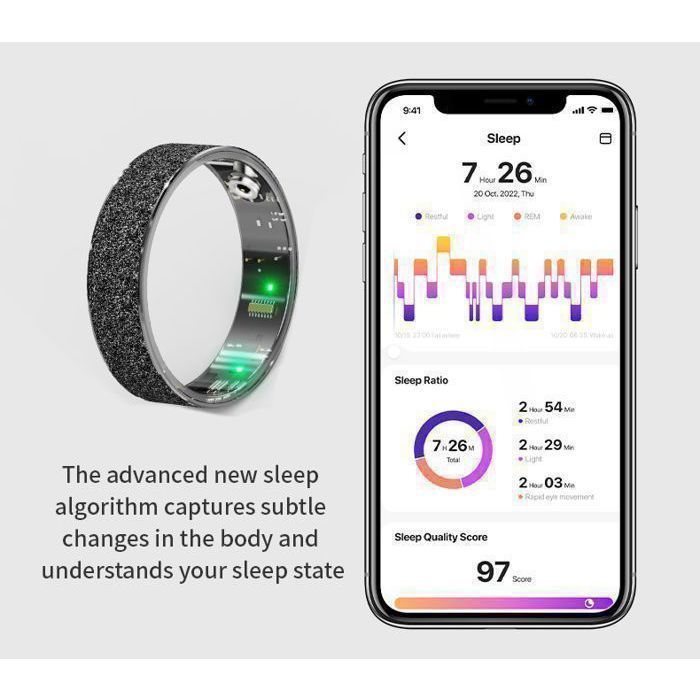 XtraDiTech Montre Connectée Sport Bague Connectée VFC - Diamantée Dorée - 2,6mm - Fréquence Cardiaque - SpO2 - Sommeil Ø 18,1mm