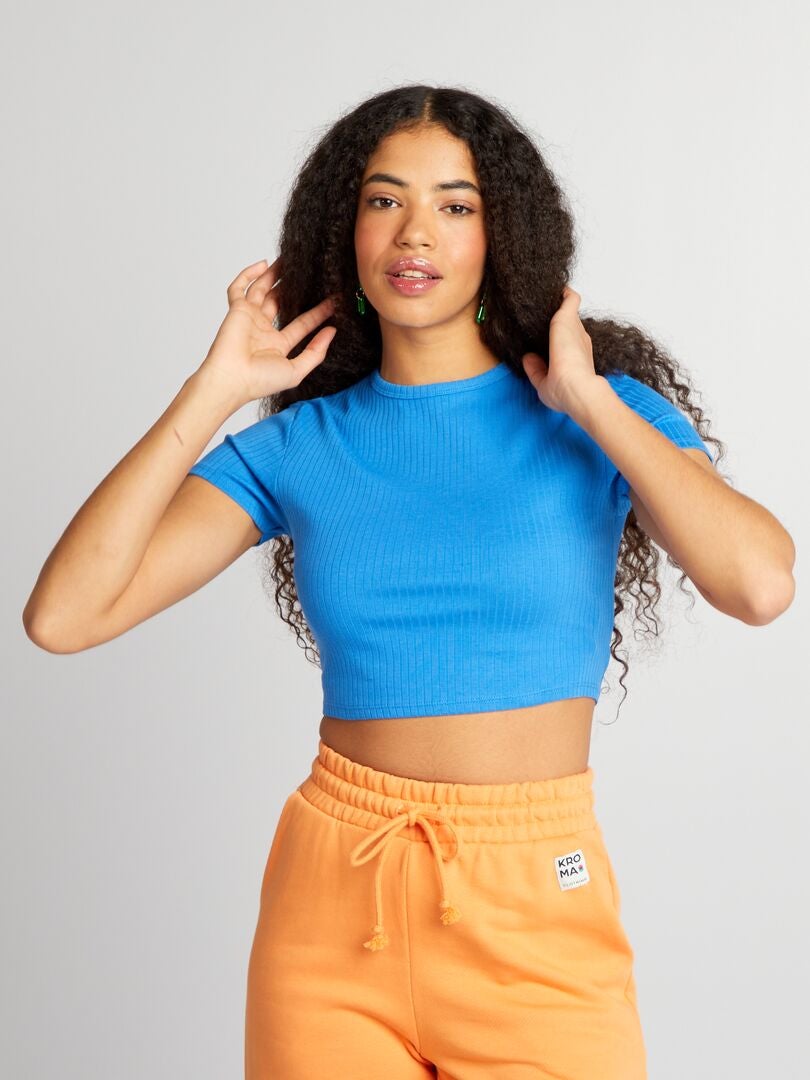 Geribbeld cropped T-shirt met trekkoordjes - BLAUW