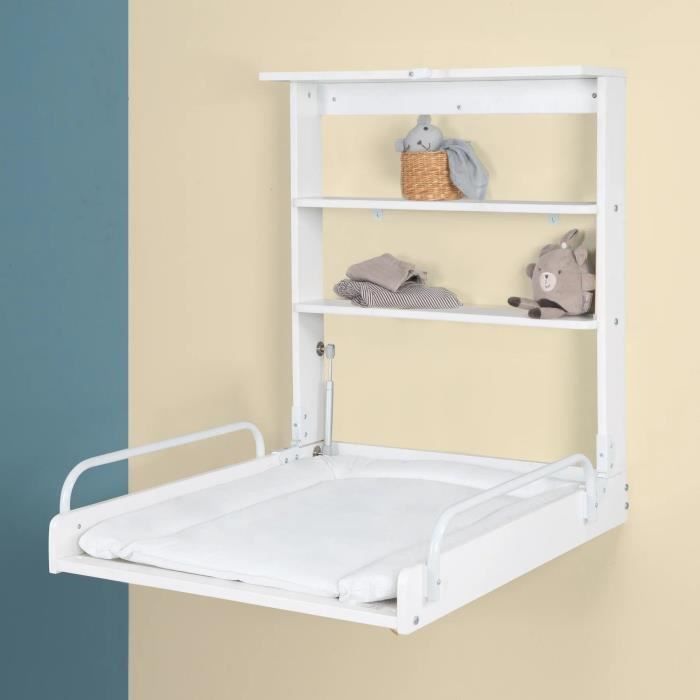 Table à langer murale rabattable - ROBA - Matelas imperméable inclus - 2 Étagères intégrées - Bois Laqué Blanc