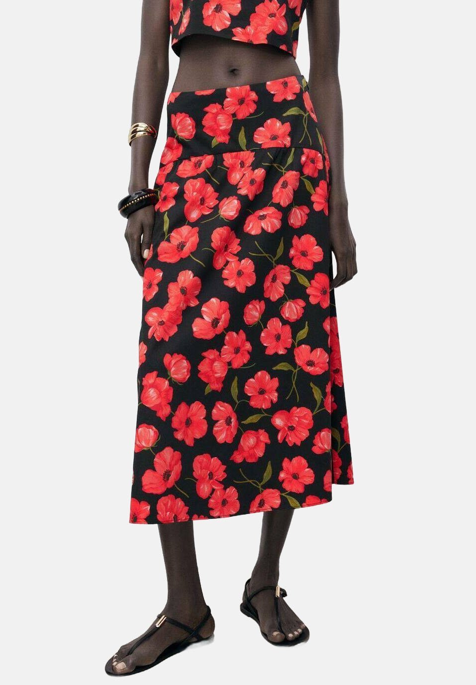 Mango rok met bloemenprint en uitlopende pijpen - A-lijn rok - zwart
