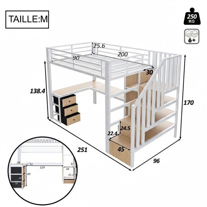 Lit mezzanine - LANGTU - 90x200 avec bureau - Escalier rangement - LED intégrée - 4 tiroirs - Métal/MDF - Blanc