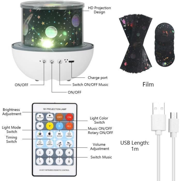 Lámpara nocturna con proyector para bebés, lámpara musical LED para niños, 8 canciones, 6 películas proyectadas, lámpara con proyector de estrellas para dormitorio.