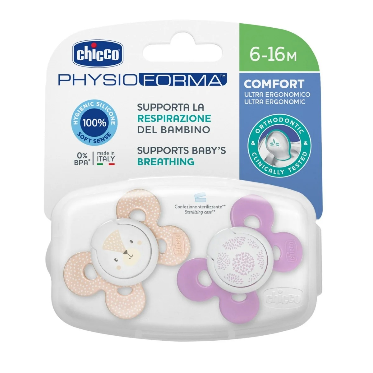 CHICCO Chicco Comfort Girl Chupete de silicona, 2 unidades, 6-16 meses