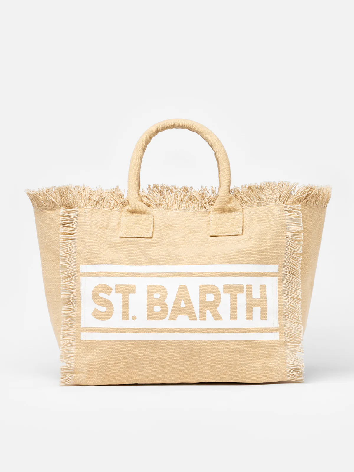 Vanity Cotton Canvas Fringed Tote Bag | Beige, Saint Barth Logo, Inner Flap with Zip, Inside Pocket, Spacious & Durable | MC2 Saint Barth