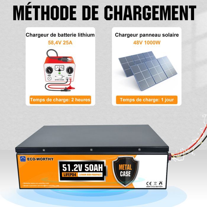 ECO-WORTHY Batterie Lithium LiFePO4 48V 50AH,Batterie Vehicule, protection BMS pour système solaire,camping-car,bateau