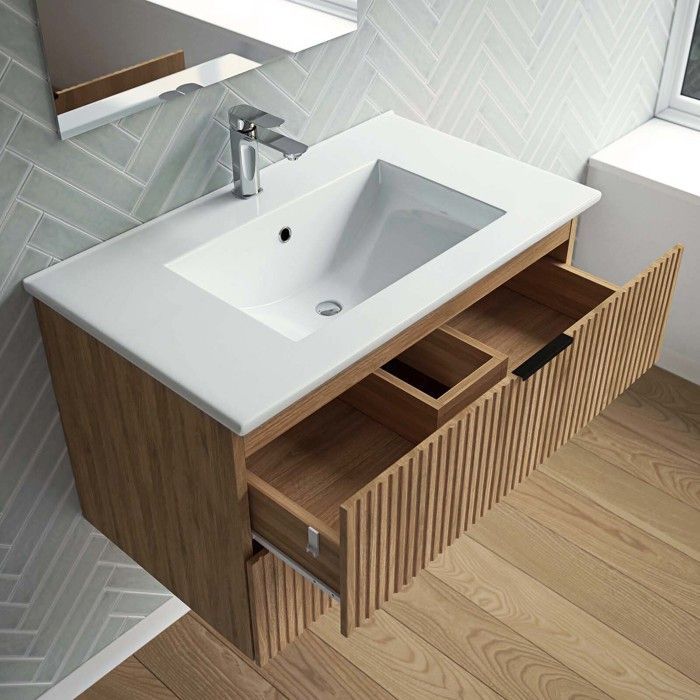 Mueble de baño con lavabo individual de 80 cm, fabricado en madera MDF corrugada.