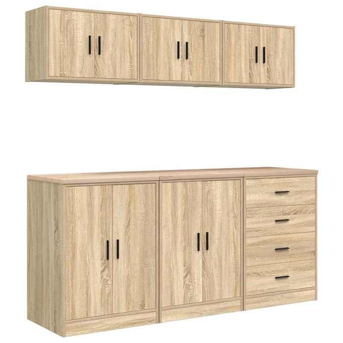 vidaXL 6-teiliges Garagenschrankset, Sonoma-Eiche-Holzwerkstoff, Garagenschrank, Aufbewahrungsschrank, Werkbank