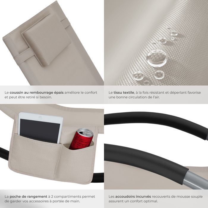 Chaise longue - TECTAKE - TAYA, sedia a sdraio ergonomica da giardino con funzione dondolo e braccioli curvi - Beige