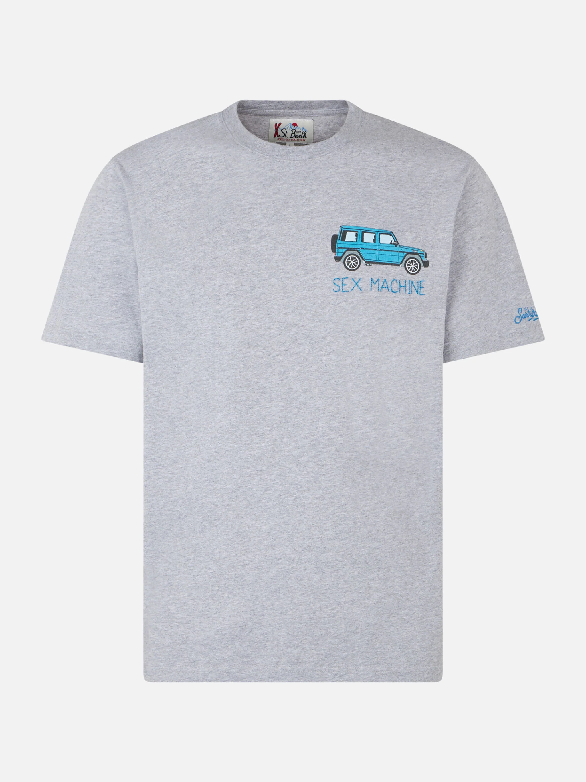 Heren T-shirt van zwaar katoen met borduursel van een seksmachine