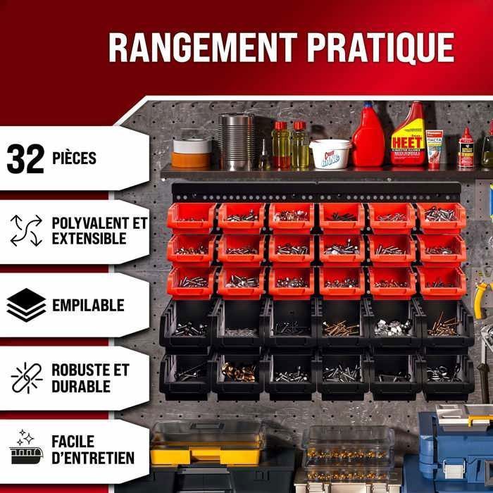 DEUBA® Wandmontiertes Werkzeugregal mit 30 stapelbaren Aufbewahrungsboxen und 2 ausziehbaren Wandpaneelen für die Werkstattaufbewahrung