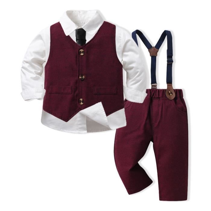 Conjunto de 3 piezas de algodón para bebé niño, de 9 meses a 10 años, ideal para bodas y ceremonias, manga larga - Color burdeos.