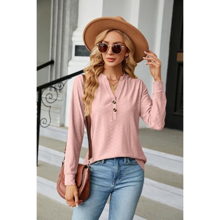 T-shirt Femme INSFITY - Manches Longues - Col V - Couleur Unie Rose - Loose Fit