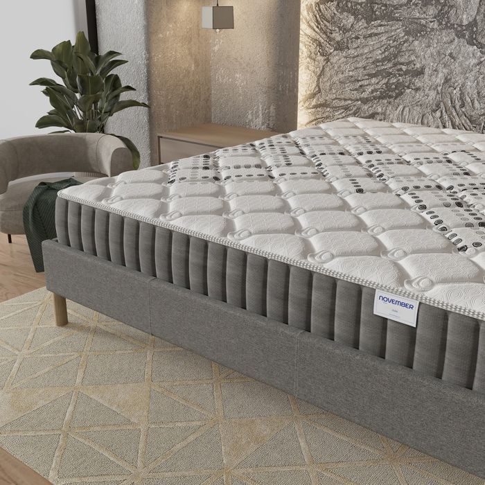 Colchón y base de cama (140x200cm) - Muelles ensacados Eliha y espuma de alta densidad de 20 cm de grosor + Base de cama de madera estable, Tela gris