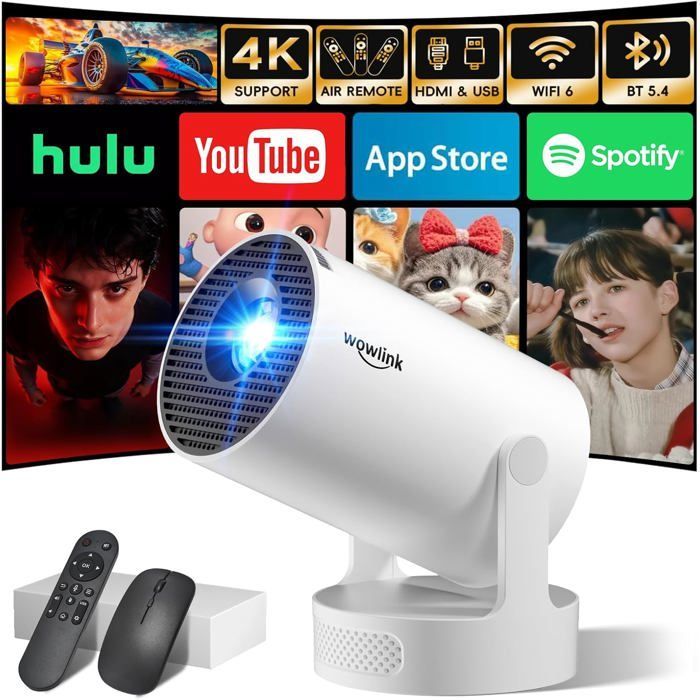 Miniproyector portátil 4K, Wifi 6, Bluetooth 5.4, corrección trapezoidal automática de 180°, aplicaciones integradas, HDMI/TV Stick/USB/PC/PS5 – Blanco