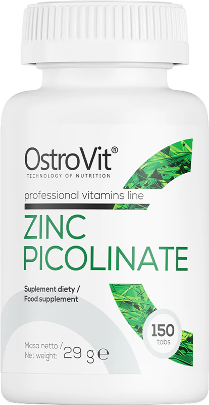 Comprimidos de suplemento alimentar OstroVit Picolinato de Zinco para cabelos, pele e unhas saudáveis.