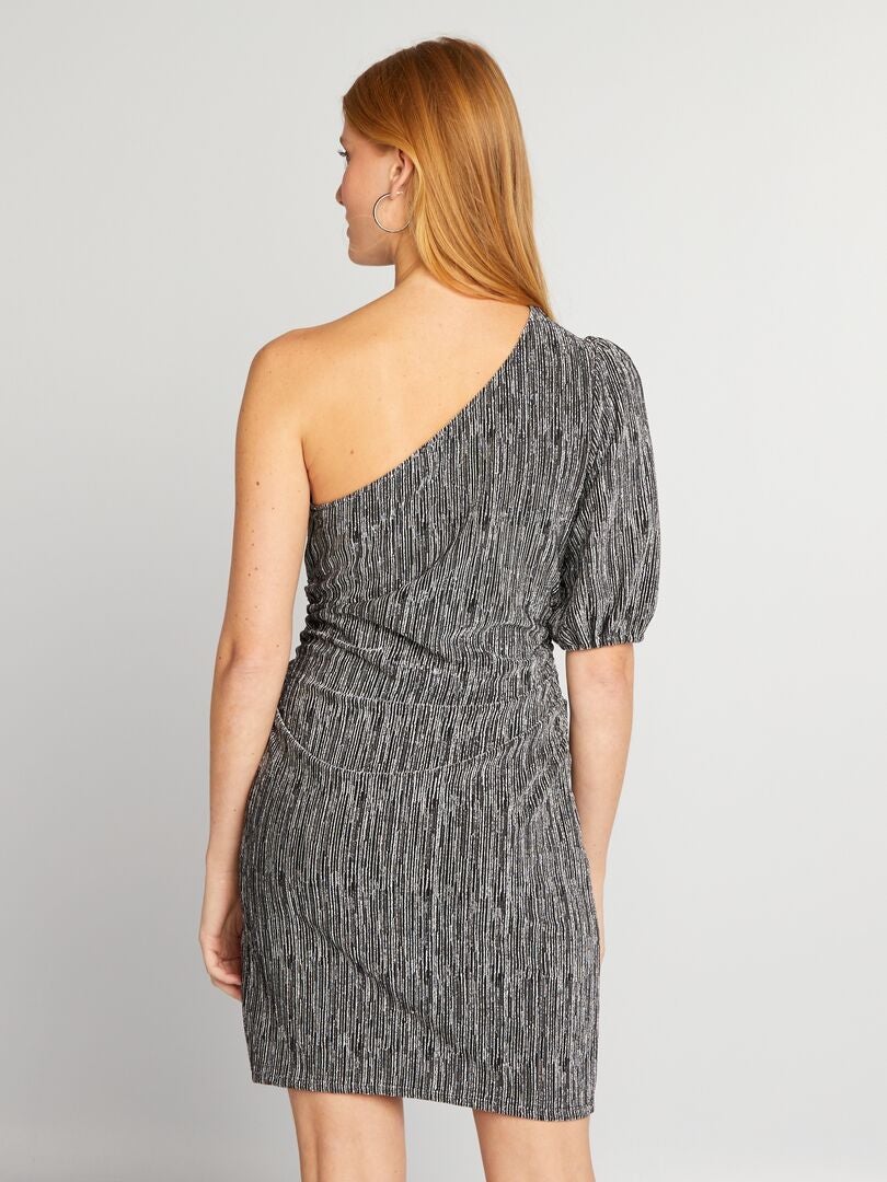 Vestido 'JDY' de um ombro só com detalhes brilhantes em fio metálico - PRETO